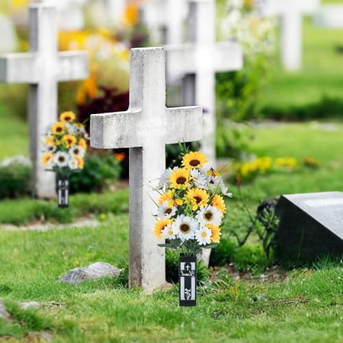 Artificial Cemetery Flowers for Grave: 2 Pcs Yellow White Sunflower Grave Flower Bouquets for Cemetery Decorations - Fall Outdoor Gravesite Flowers with Vase$$Home Decor, Kitchen, & Other