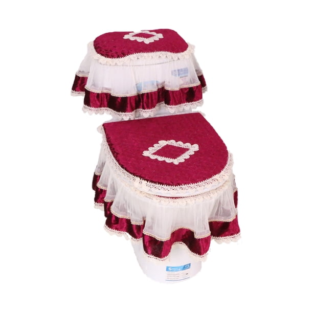 Encantador juego de fundas para tapa de inodoro, se adapta a la mayoría de las tapas de inodoro, color burdeos, juego de 3 piezas que incluye funda para tanque de agua, funda para asiento de inodoro,