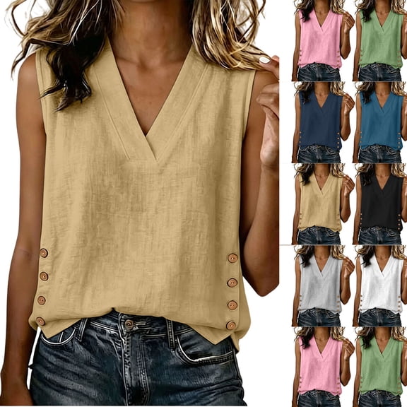 Women's Sleeveless Tank Tops Textured Loose Tunic Tops Button Slit Hem Casual Layering Shirts Solid Basic Tank Shirts Fashion Outfit White