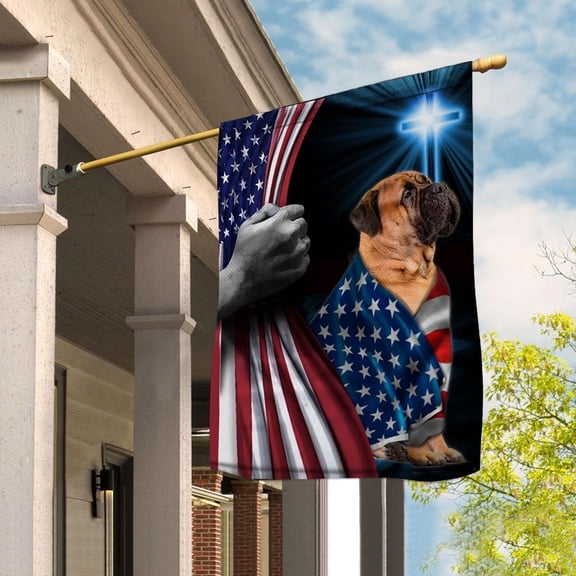 Hand Pulling USA Flag Mastiff Dog Wearing Flag American Standing under Cross Christian Patriotic House Flag (3x5) Double Sided- Premium Polyester-Decorative Indoor Outdoor Flag