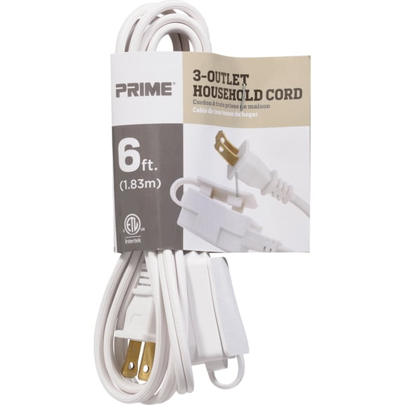 Prime EC660606 6 ft. 16 - 02 - 15 Spt-2 White 3-Outlet Household Extension Cord