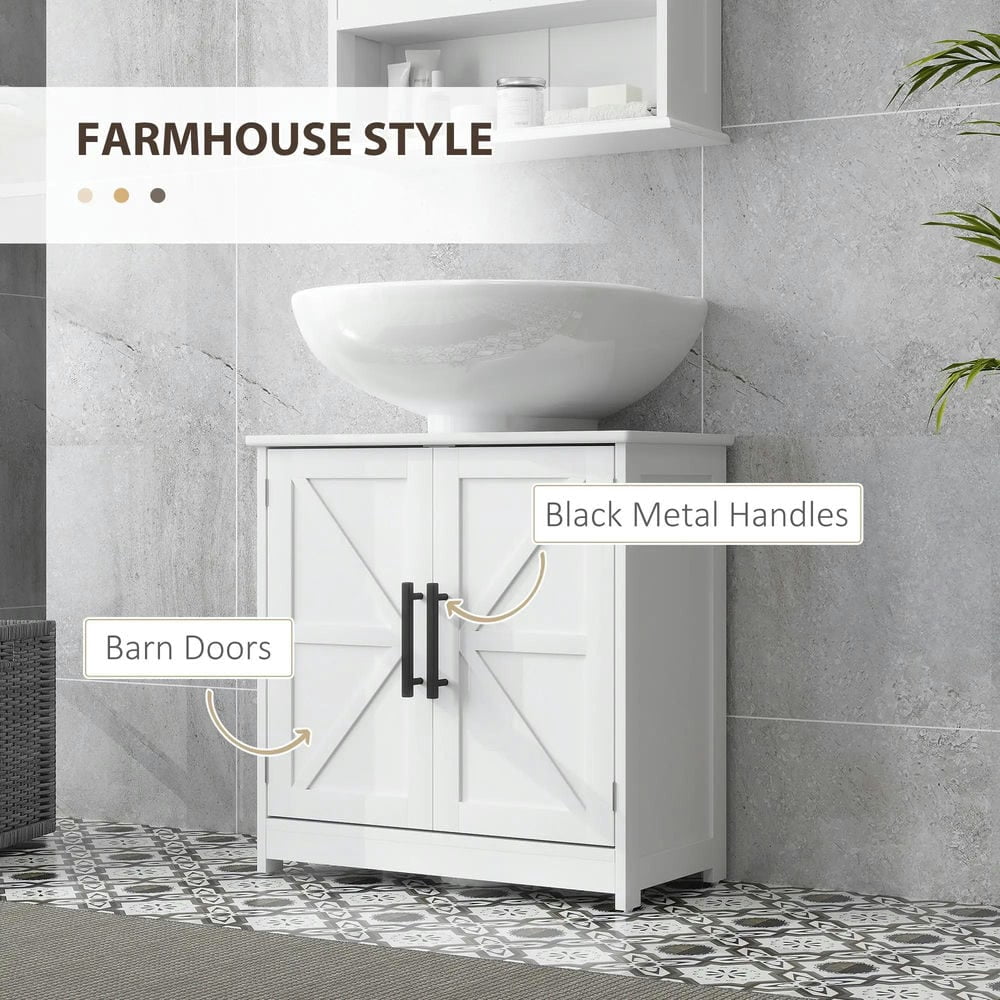 GVN Bathroom Storage Cabinet, Bathroom Floor Cabinet,Bathroom Sink Cabinet with 2 Barn Doors and Adjustable Shelf, White