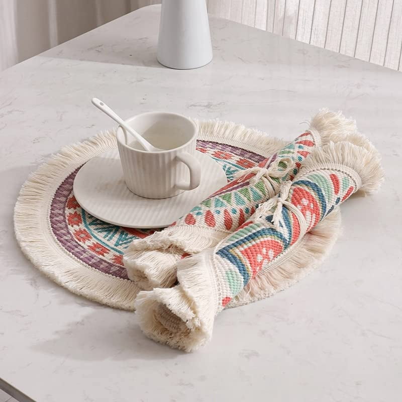 Fennco Styles Tropical Red Flower Woven Fringe Cotton Placemats 13" Round, Set of 4 - Multicolored Boho Heat Resistant Insulation Table Mats for Home, Kitchen Décor, Dining Table, Banquets, Holidays