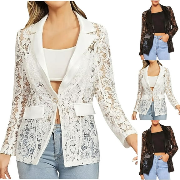BiZtdJrK Women's Sheer Lace Jacket Blazer Elegant Lapel Neck Blazer Long Sleeve Casual Business Suit 2025 Fashion Fall Clothes Lightening Sale Black S