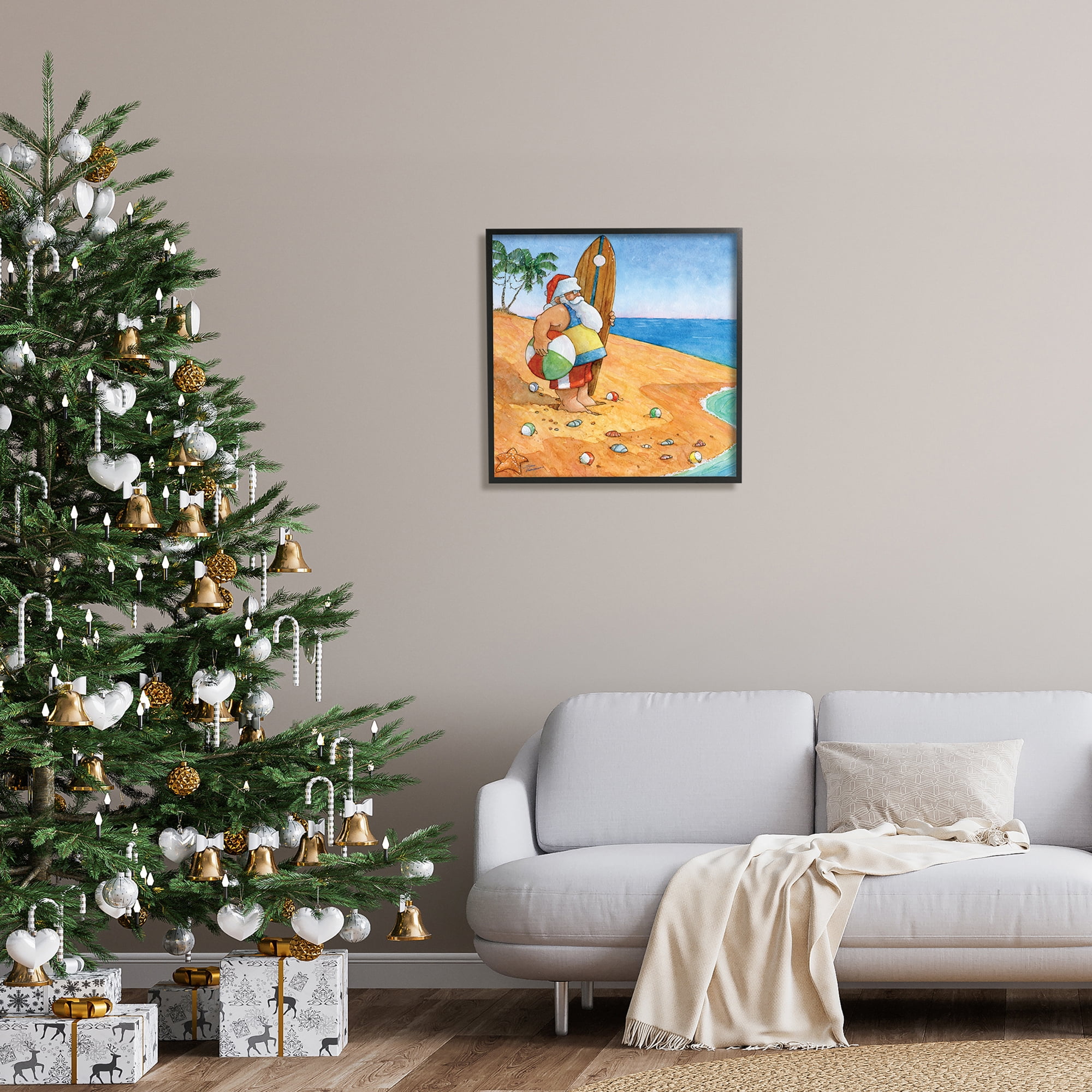 Santa Claus On Beach Surf Board Tropical Christmas Holiday Painting Framed Art Print Wall Art