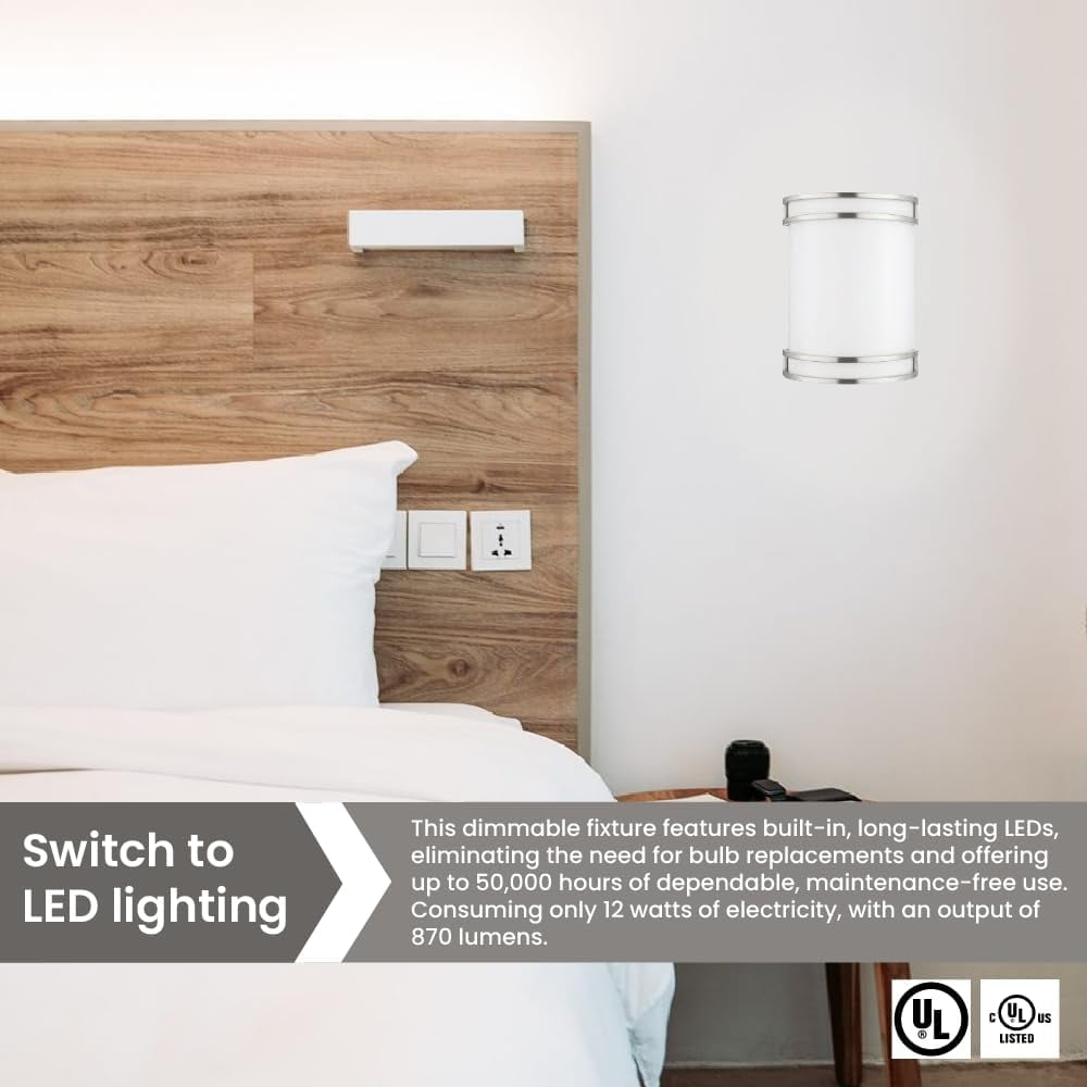 Wall Sconce Brushed Nickel 3CCT (3000K/4000K/5000K) Adjustable, Dimmable 12W Modern Wall Mounted Sconces Wall Lighting with Glass Shade for Bedroom, Stairway, Bathrooms, Hallways & Entryways (2 Pack)