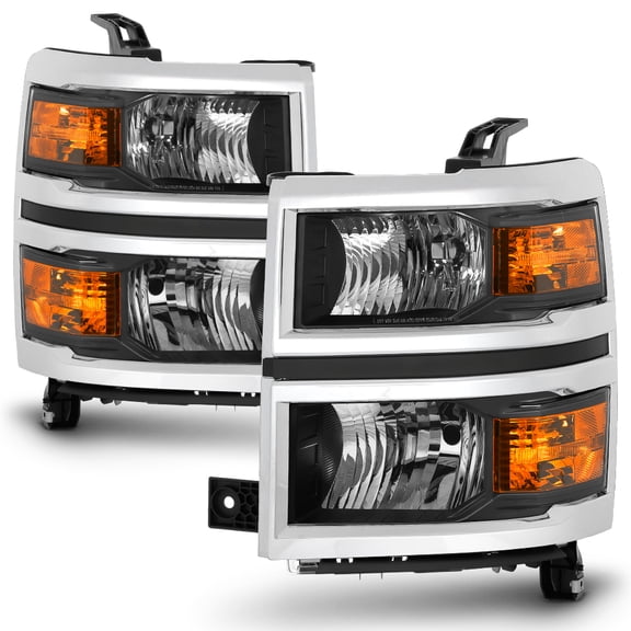 2014-2015 Chevy Silverado 1500 Pickup w/Chrome Trim Headlights Headlamps Pair