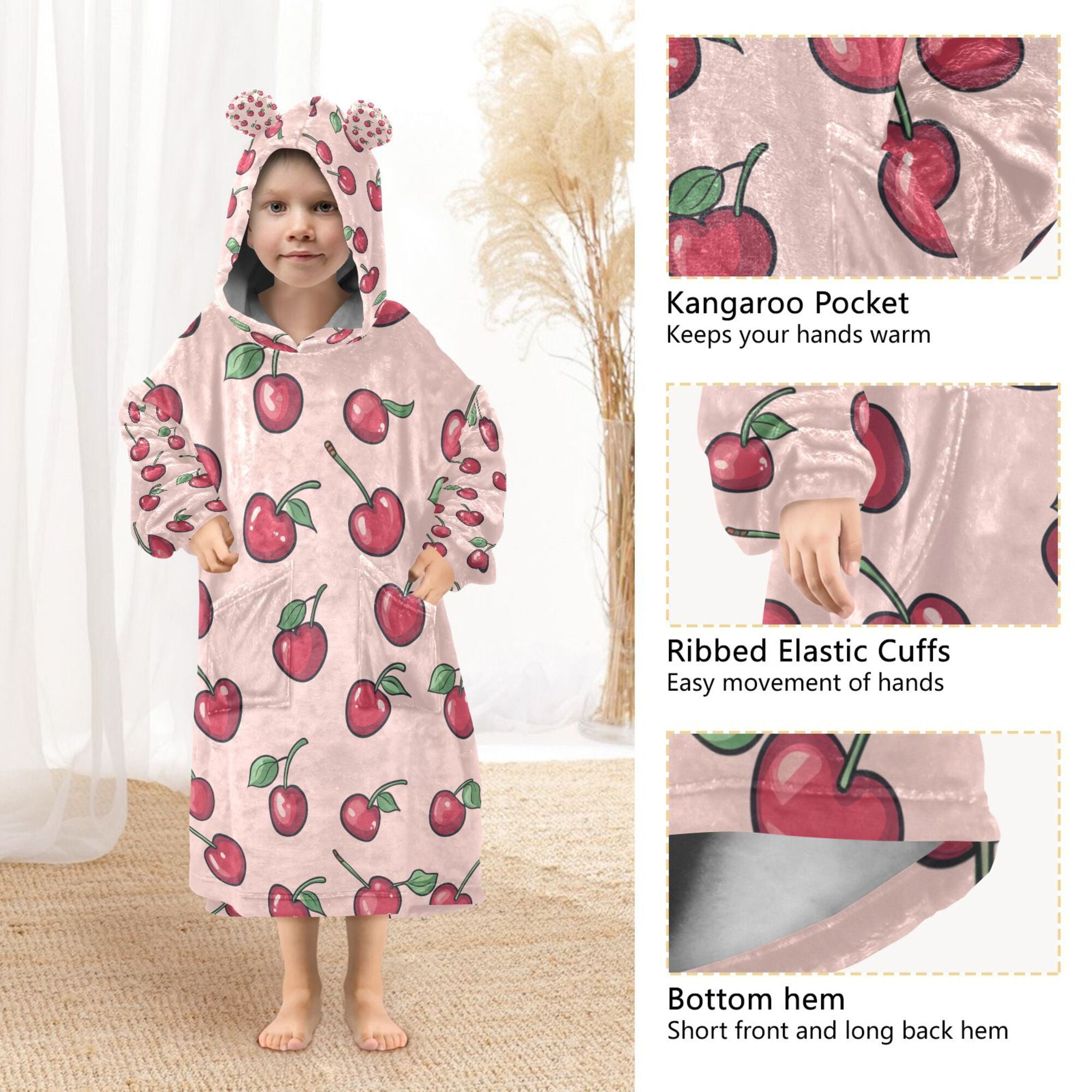 FORMRS Wearable Blanket Hoodie with Sleeves for Kids Cozy Flannel Sweatshirt, Cherries Pattern