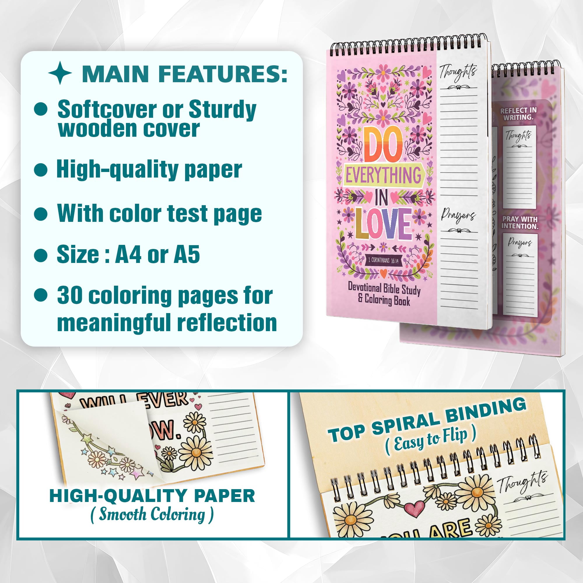 Do Everything in Love Bible Verse Coloring Book for Adults, 30 Scripture Art Pages with Reflection & Prayer Space, Spiral Bound, A4 or A5 Softcover or Wood Cover