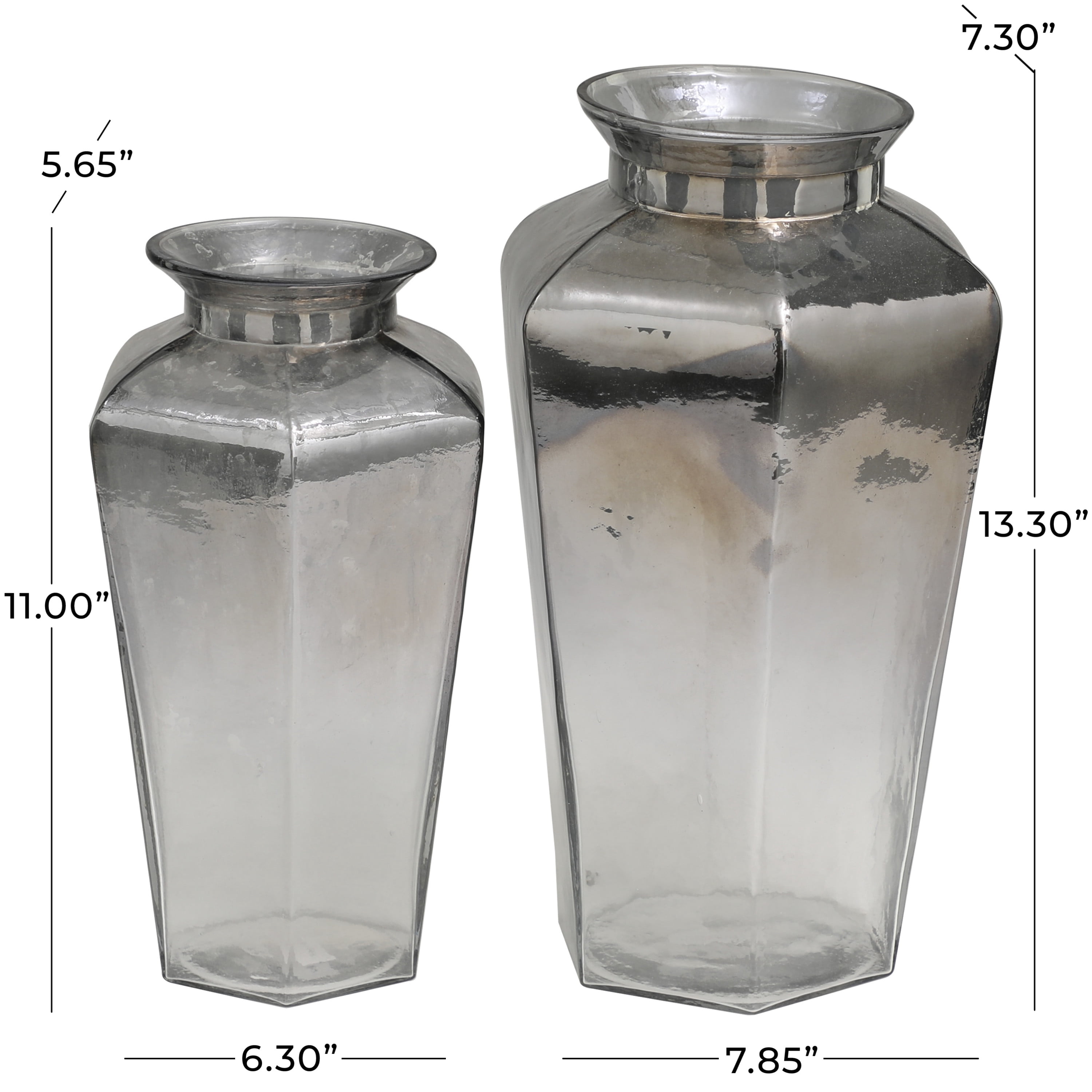 DecMode 13", 11"H Geometric Hexagon Gray Glass Vase, Set of 2
