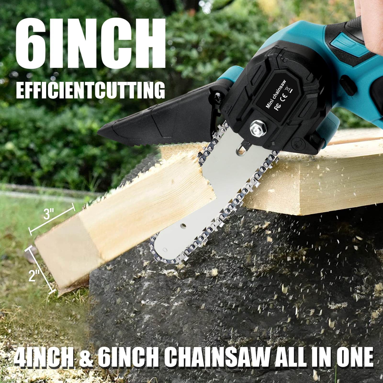 Huajiang Tech Mini Chainsaw 6" Battery Powered Chainsaw, One-Hand Use, 2PCS 3.0Ah Battery