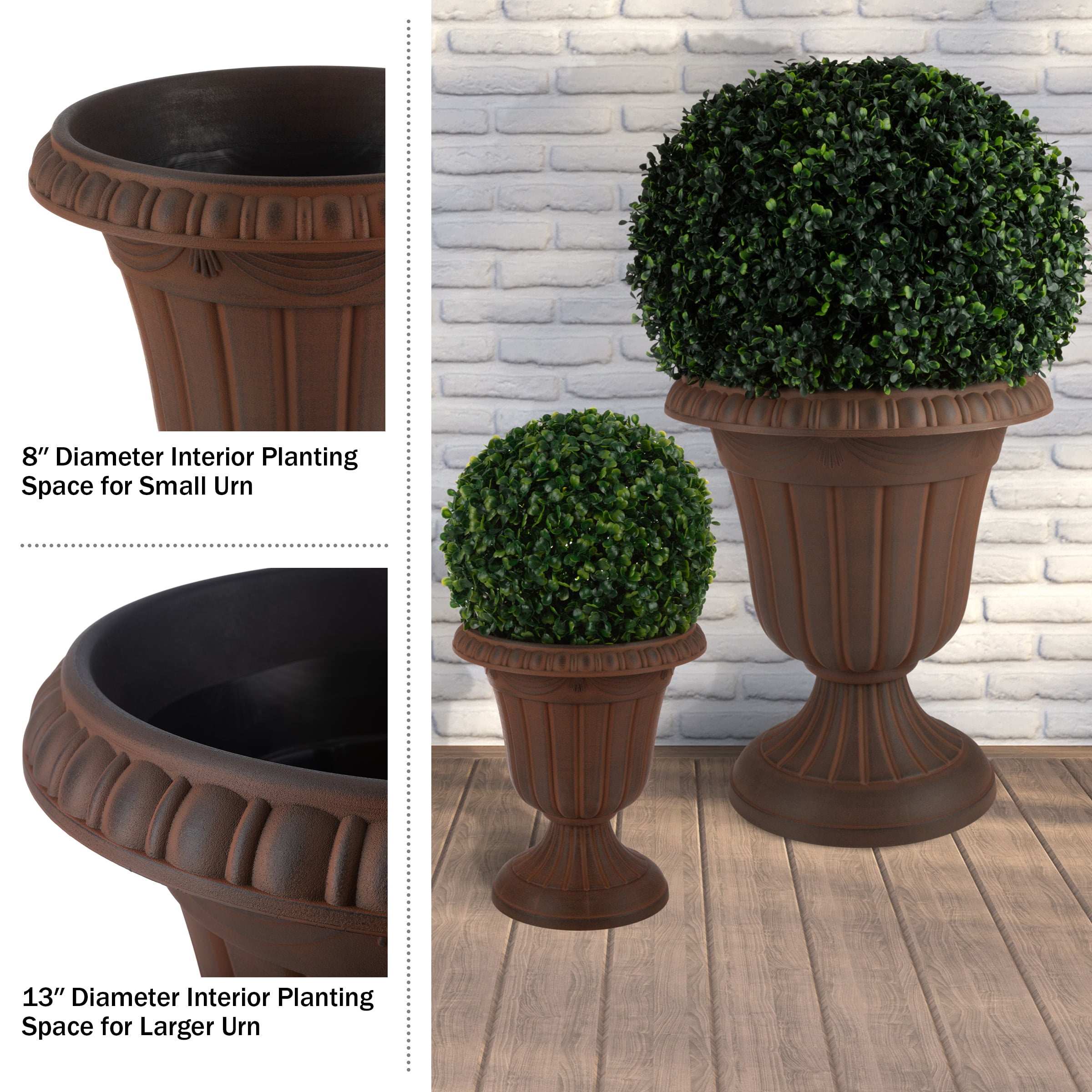 Pure Garden Large and Small Outdoor Urn Planter 2-Pack, Brown