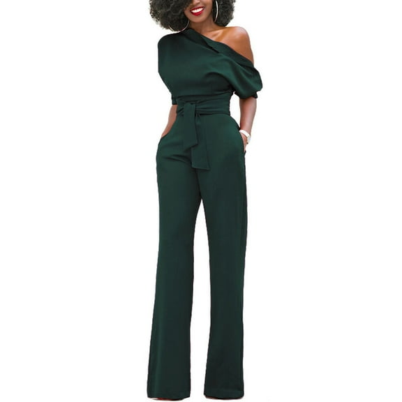 Raindrops Women's Casual One Shoulder Solid Color Short Sleeve Wide Leg Long Pants Oblique Collar With Belt Jumpsuit Romper - Size (Olive Green)