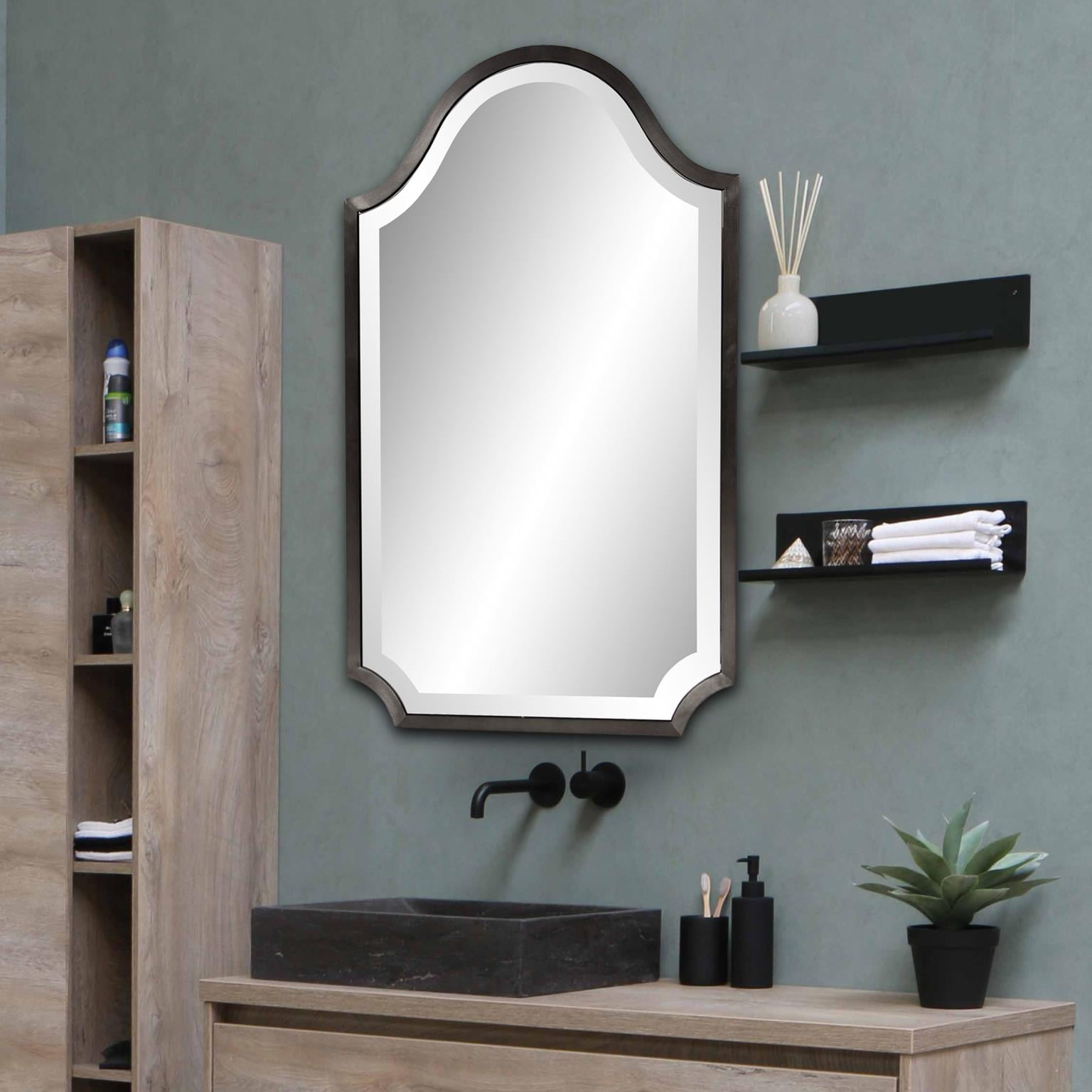 Tyler Dillon Stainless Steel Framed Hand Beveled Arched Shield Mirror 16"W x 27"H