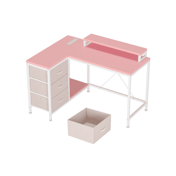 Escritorio en Forma de L con Tomas de Corriente, Escritorio para Juegos con 3 Cajones y Estantes de Almacenamiento, Escritorio para Computadora de 43 Pulgadas, Escritorio Reversible para Oficina