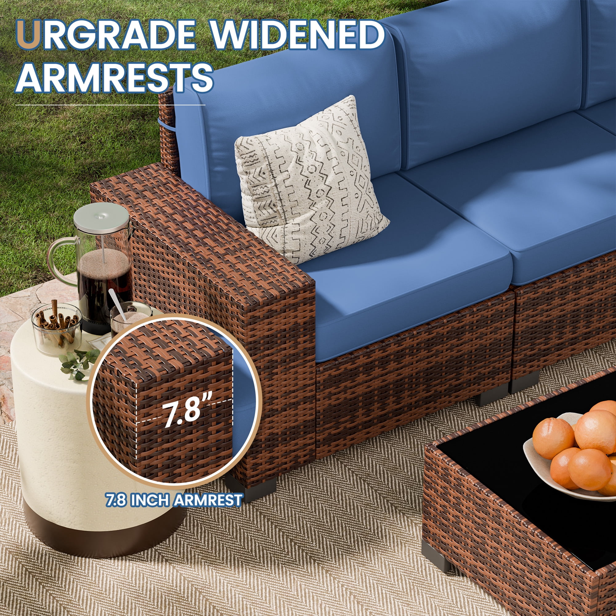 Poteban Patio Furniture Set 6 PCS Outdoor Sectional Conversation Sets Featuring Widen Wicker Armrests and High Back,Brown&Blue