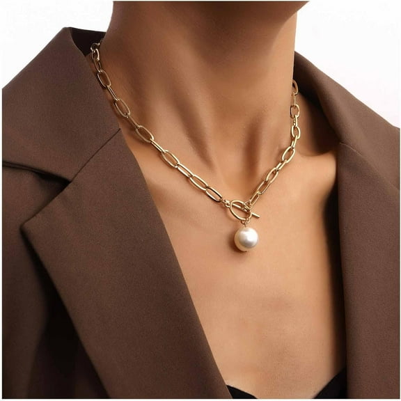 Bohemian Pearl Pendant Necklace Pearl Paperclip Link Chain Necklace Paperclip Collar Necklace Gold T Bar Necklace Jewelry for Women