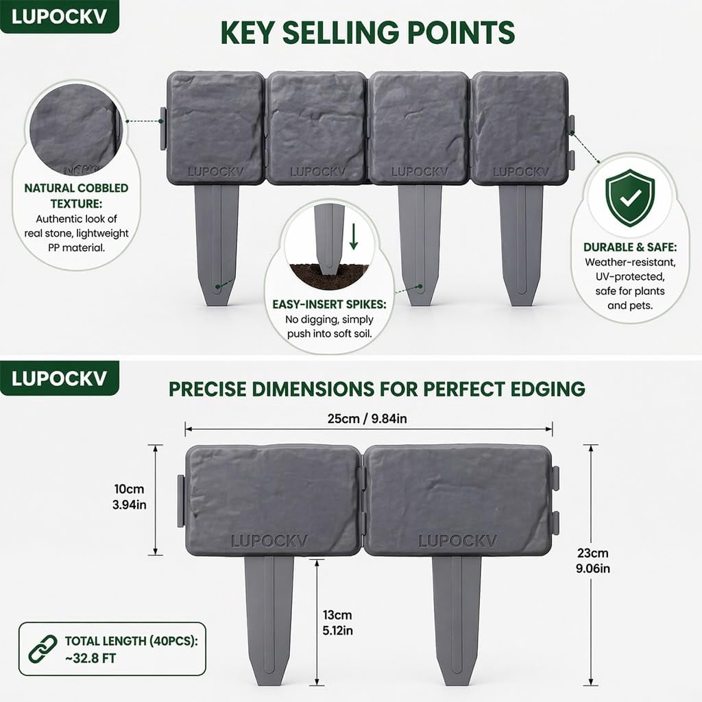 Imitation Stone Garden Fence, Grey Interlocking Plastic Retaining Edging Border for Landscape Decor, Flower Bed, Lawn, Yard, Path, and Grass