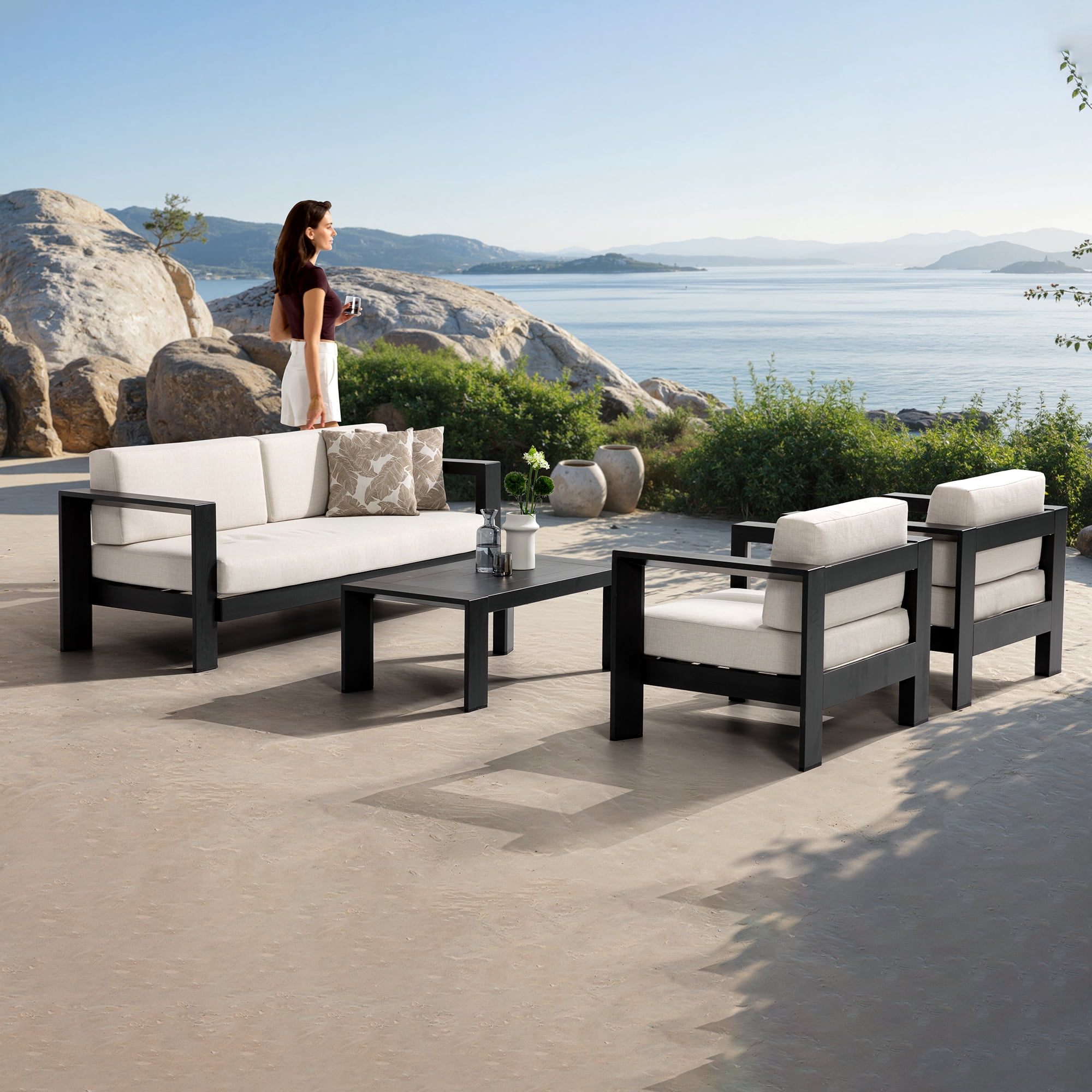 FHVIT Aluminum Patio Furniture Set 4-Piece Oversized Outdoor Furniture Set with Washable Thick Cushions, Coffee Table for Porch, Balcony, Deck, Yard