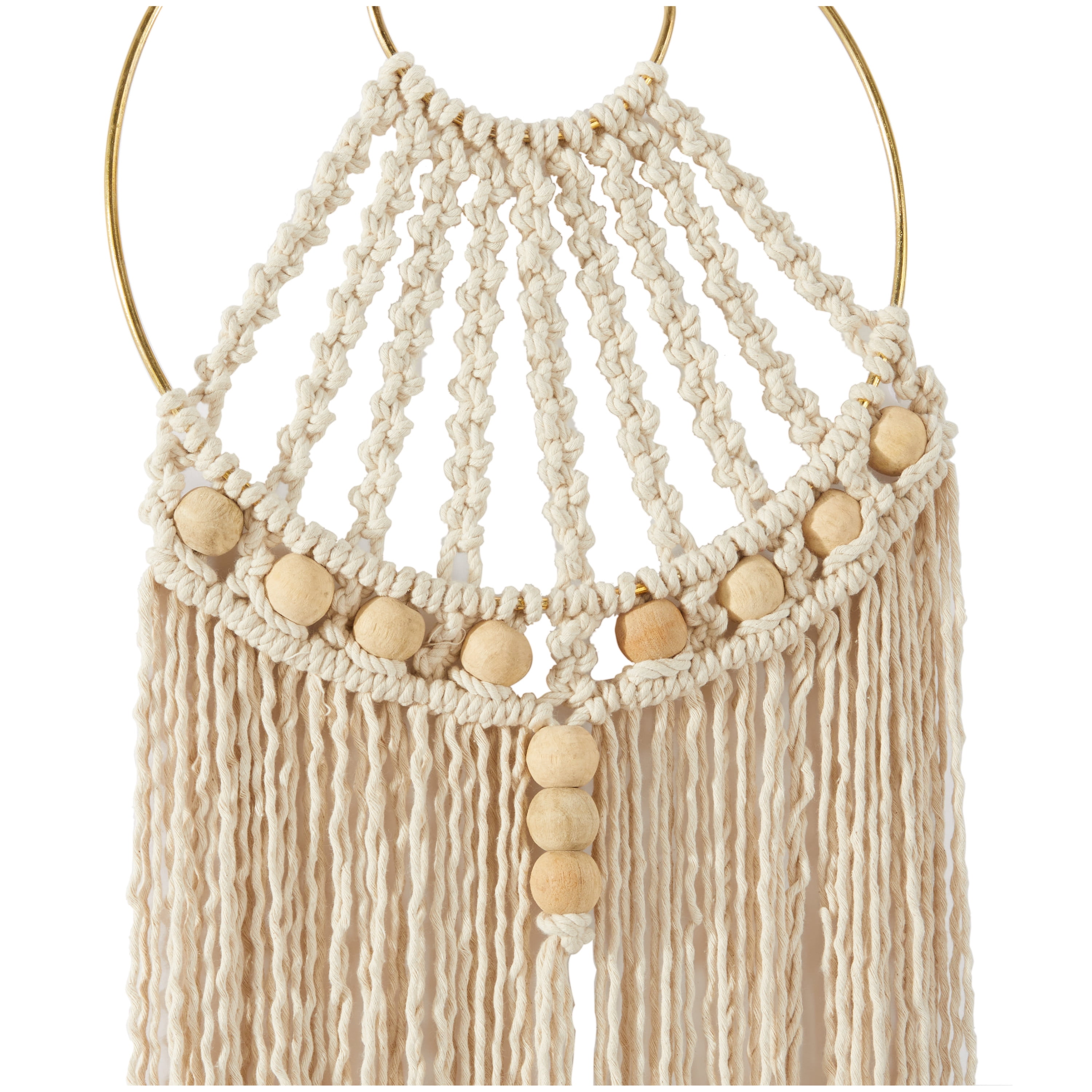 DecMode Beige Cotton Handmade Intricately Weaved Macrame Wall Decor with Beaded Fringe Tassels