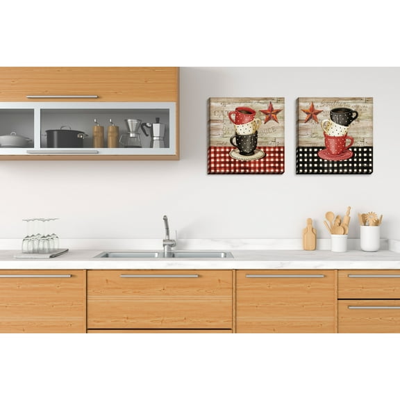 Gango Home Decor Country-Rustic Farmhouse Kitchen Decor | Brown, Red & Cream Stacked Coffee Cup & Barnstar; Two 12x12in Hand-Stretched Canvases