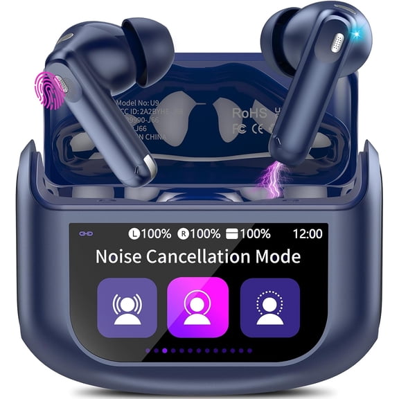 for U9 Wireless Earbuds, Bluetooth 5.4 Headphones w/Touch Screen, 48H Playtime, ANC/ENC Noise Cancelling, IPX7 Waterproof, 5 EQ Modes, Blue