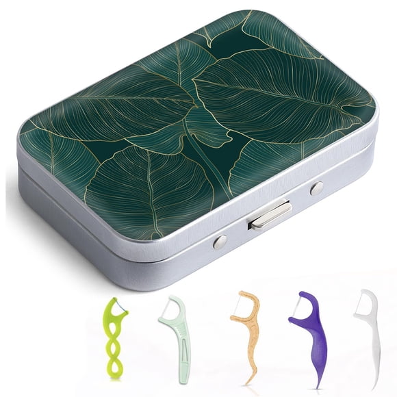 Estuche portátil para hilo dental Gerkia, verde esmeralda con diseño de hoja