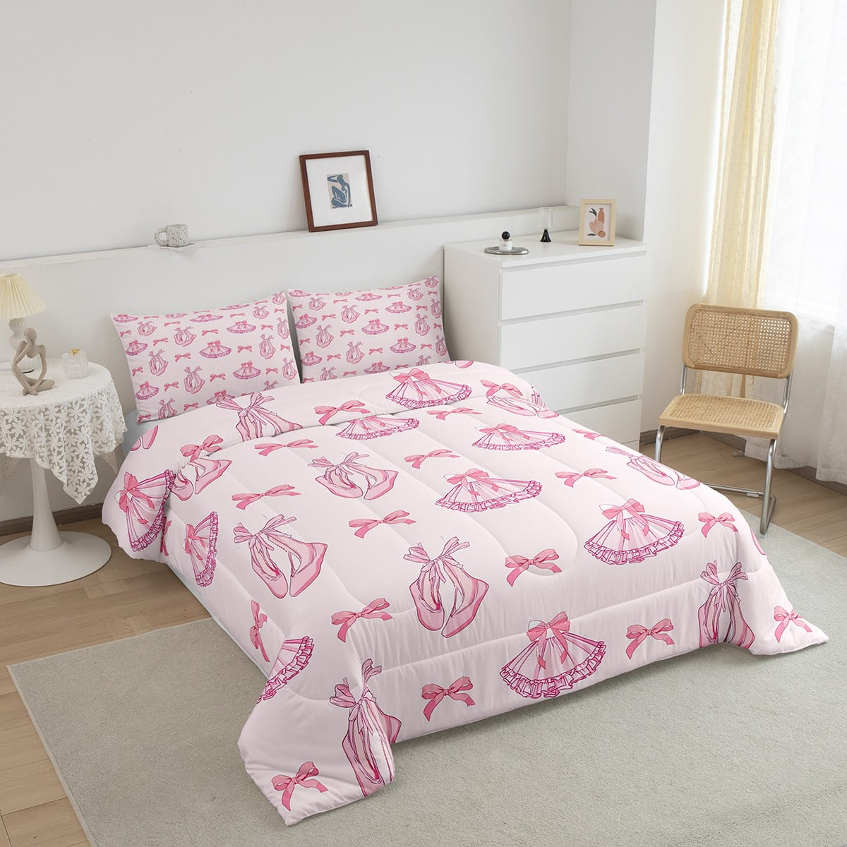 Erosebridal Pink Bowknots Comforter Set Twin Size,Cute Dancing Ballet Bedding Set,Princess Style Quilt Set Women Teens Room Decor,Romantic Duvet Insert,1 Pillowcases