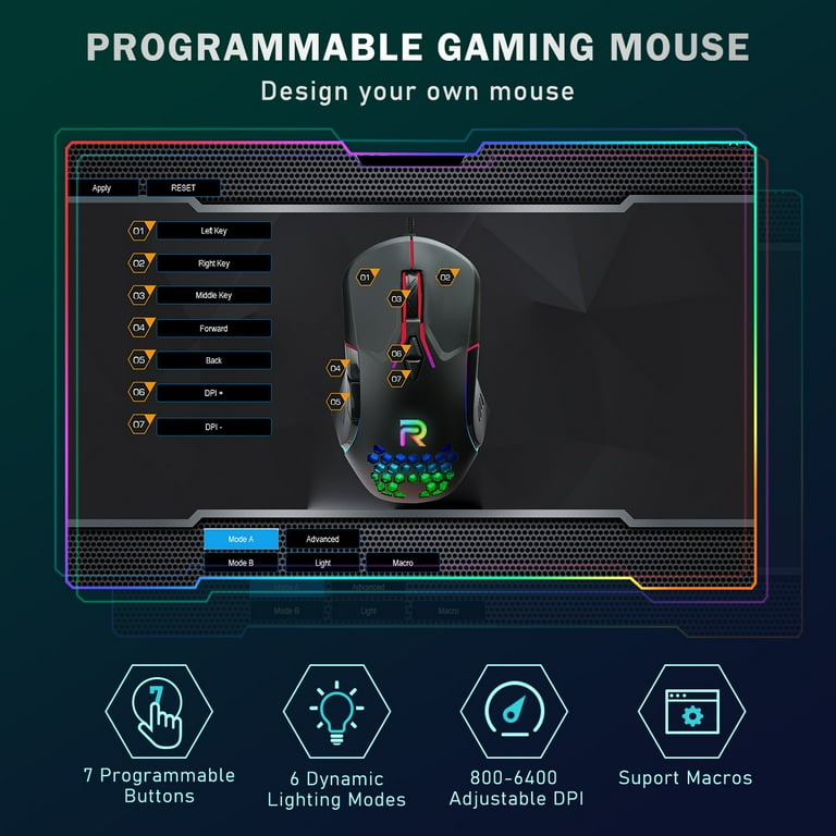 RUNMUS RGB Gaming Mouse, Ergonomic USB Gaming Mice for PC, Laptop, 6400 DPI  Adjustable 