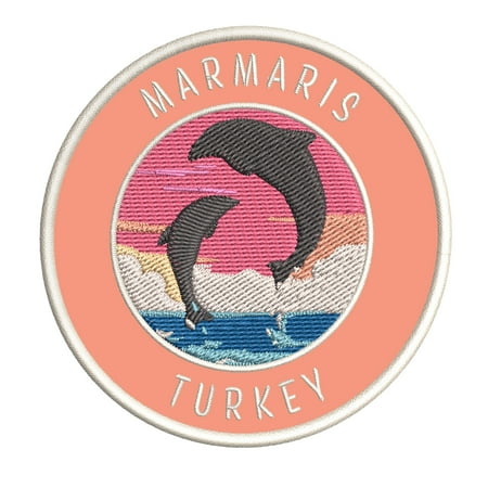 Marmaris, Turkey Dolphin Sunset 3.5 Inch Iron Or Sew On Embroidered Fabric Badge Patch Ocean Beach, Salt Life Iconic Series