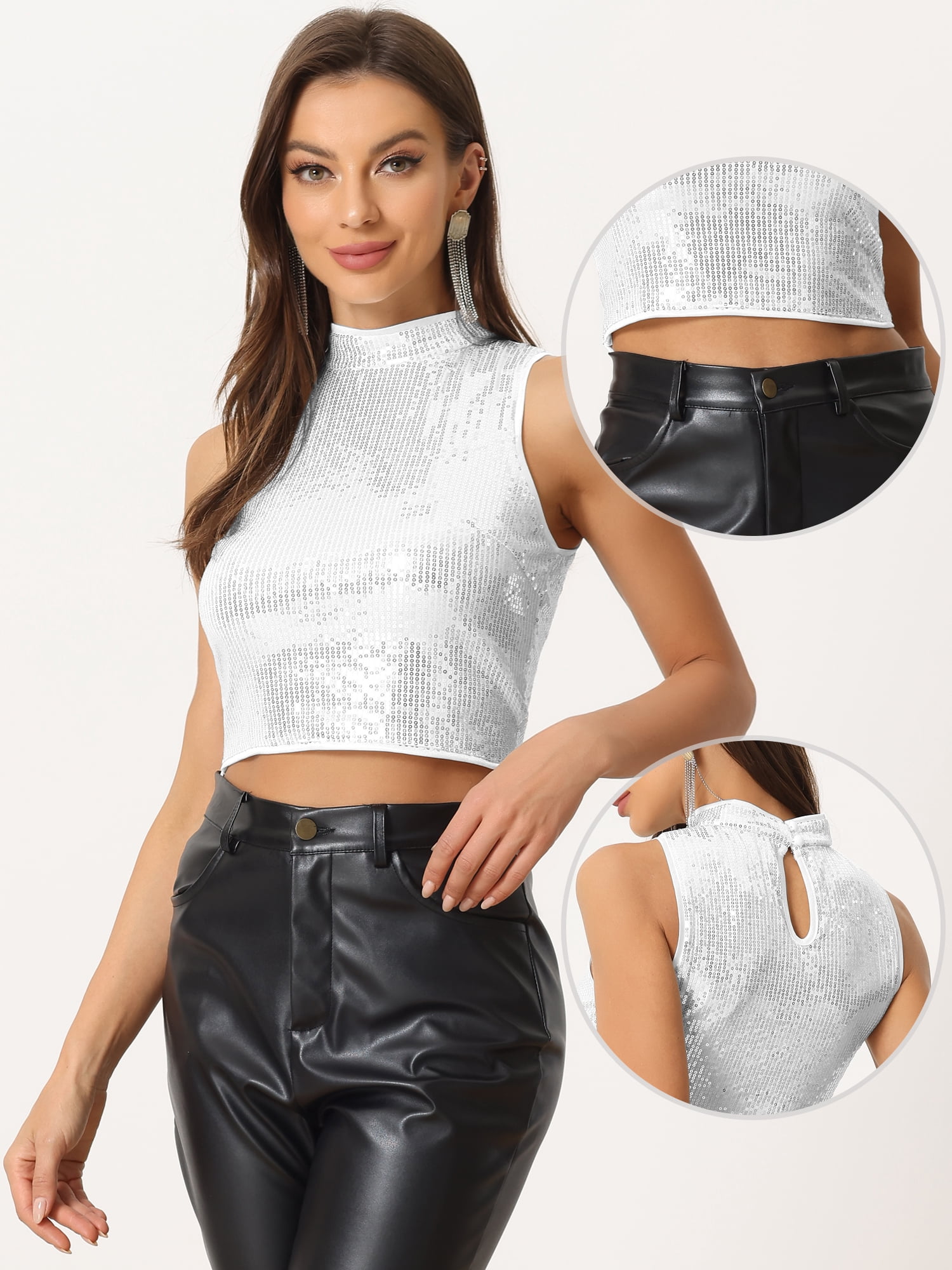 DARING DIVA Women's Sleeveless Party Metallic Sparkly Tops XL Silver