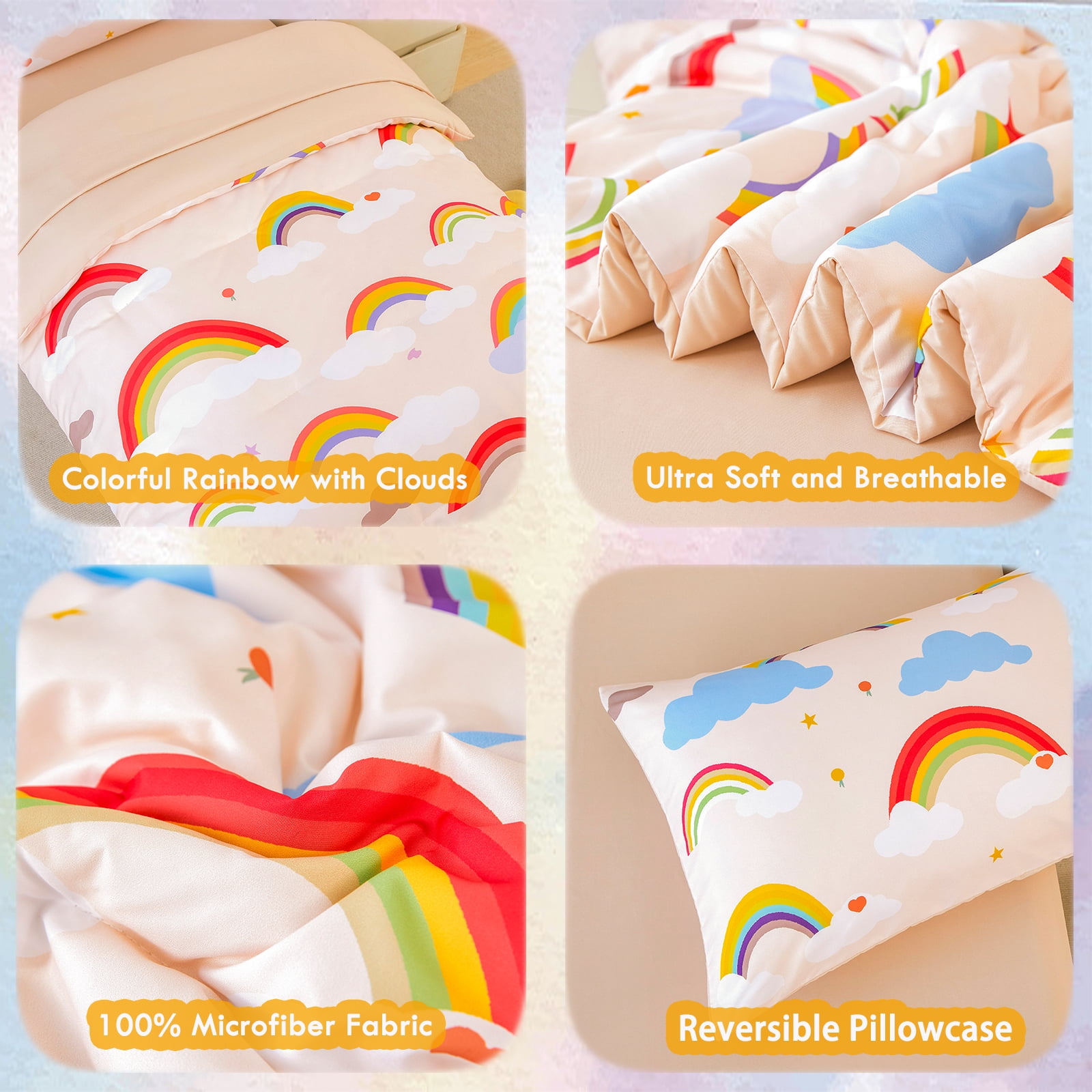 ZRNBAST 4 Piece Toddler Bedding Set, Rainbow Clouds Kids Crib Toddler Comforter Set for Girls, Beige