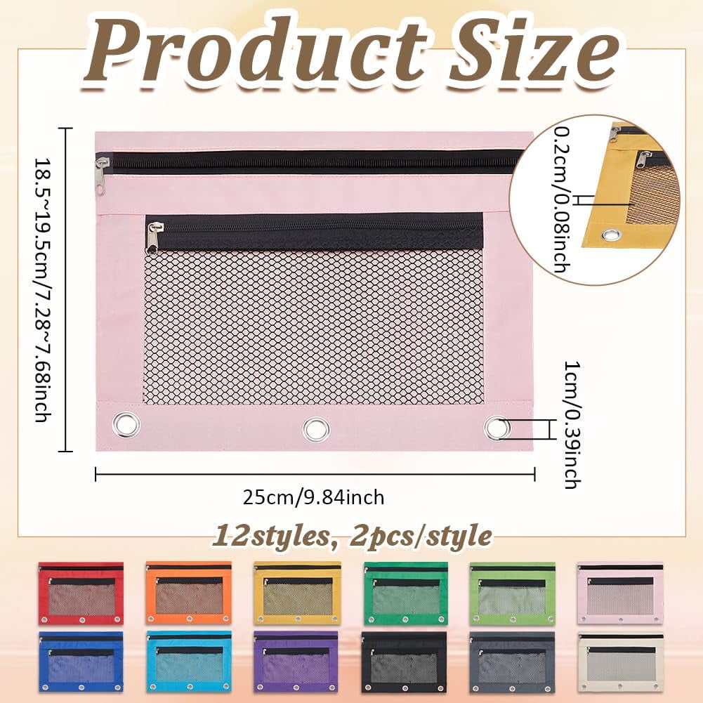 Pencil Pouch for 3 Ring Binder Bulk 24 Pack Mesh Zipper Pencil Case Bags in Assorted Colors - Sturdy and Durable Cloth Pencil Holder