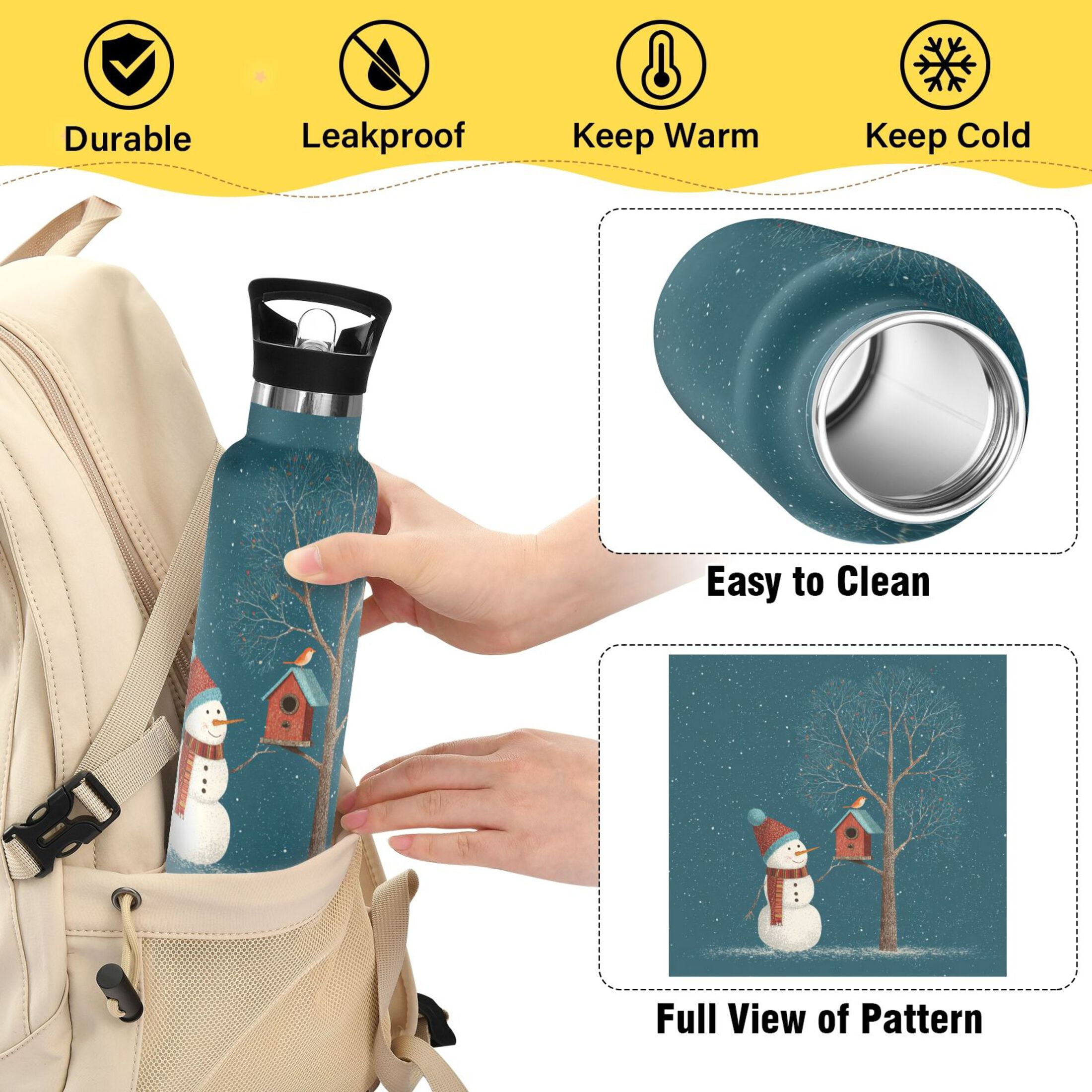 600ML Stainless Steel Insulated Cup Sports Water Bottle Portable Thermos Cup Water Glasses Insulated Tumblers Convenient and Durable Cute Christmas Snowmen and Bird