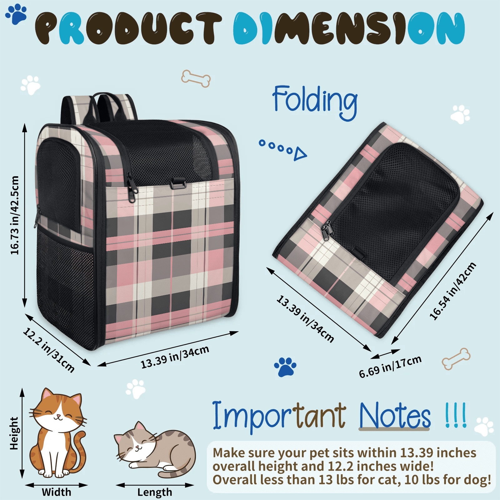 Breathable Cat Backpack Carrier for Small Cat & Dog up to 13 lb,Soft Sided Dog Backpack Carrier for Hiking, Walking, Travel,Pink Plaid Design