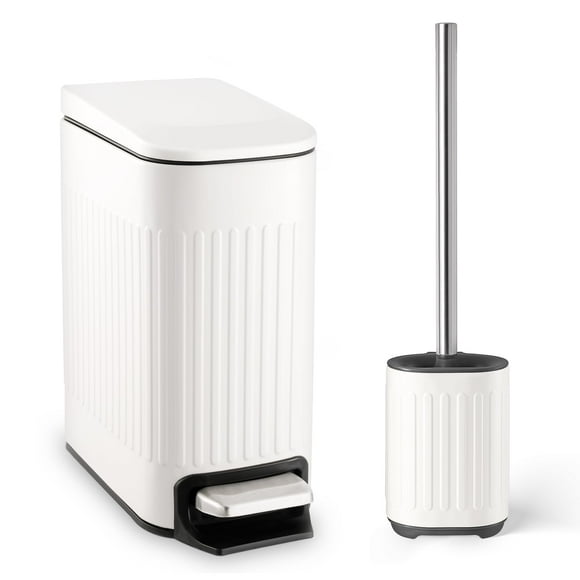 TrashAid Bathroom Trash Can with Toilet Brush - 6 Liter / 1.6 Gallon Bathroom Trash Can with Lid Soft Close + Silicone Toilet Brush and Holder Set, W