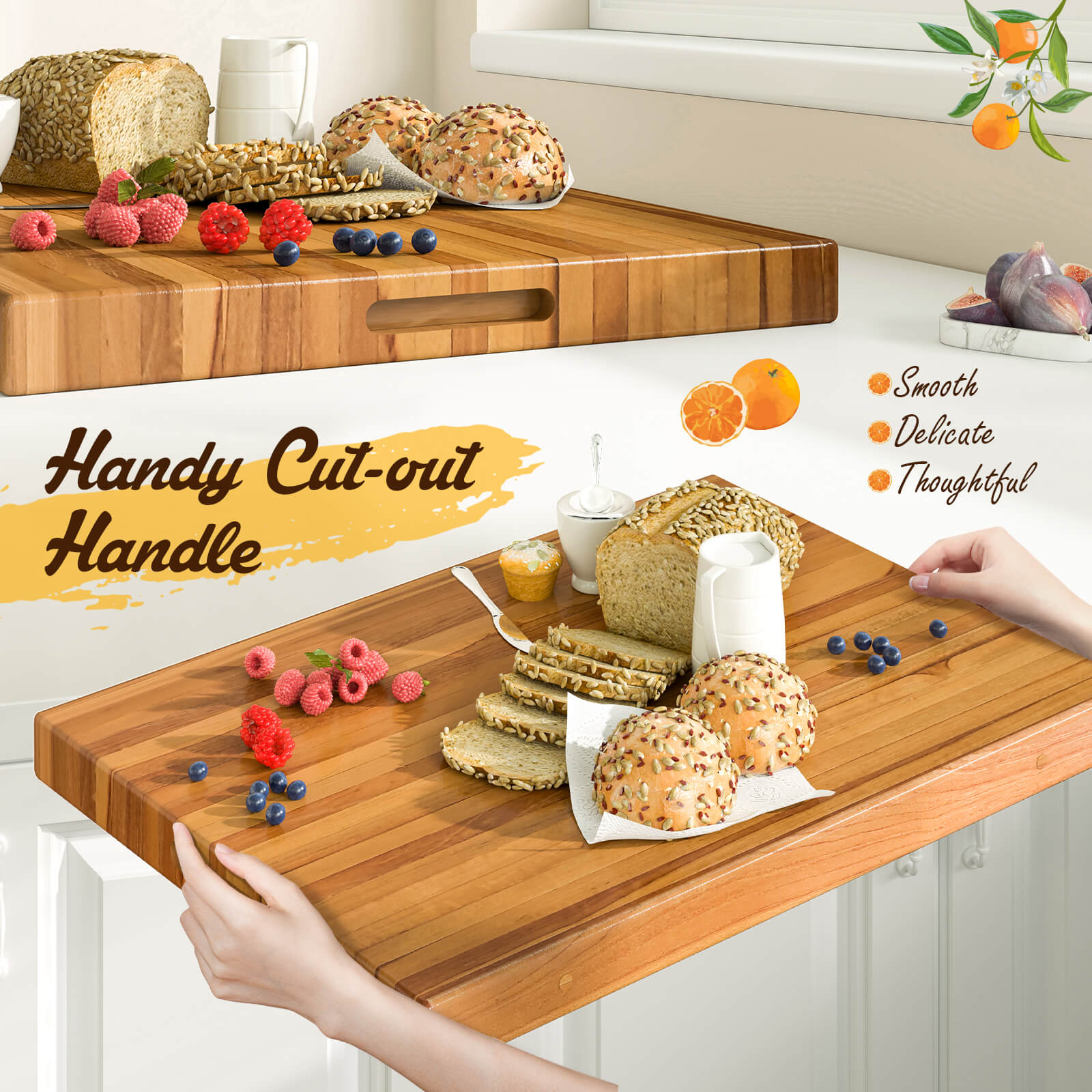 Costway Teak Wood Cutting Board Extra Large 24" Reversible Cutting Board with Handle