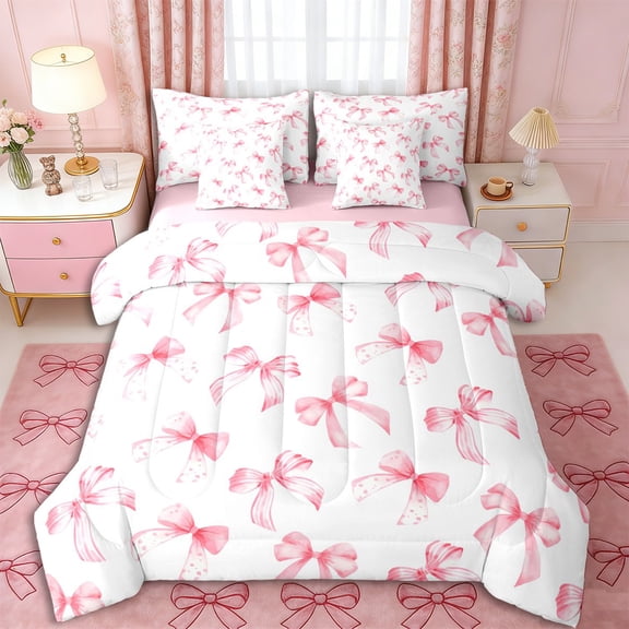Erosebridal Girls Cartoon Stripes Bowknot Twin Bedding Sets 7-Piece,Dreamy Princess Polka Dots Bow Bedding Comforter Set for Teens Women,Pink Reversible,Ultra Soft Home Decor