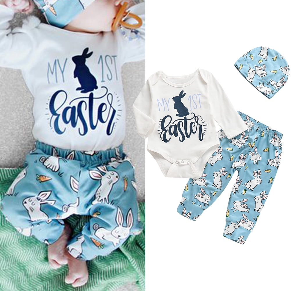My 1st Easter Newborn Baby Boy Girl Romper+Long Pants Hat 3PCS Outfits Clothes