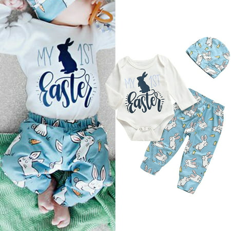 My 1st Easter Newborn Baby Boy Girl Long Sleeve Tops Romper+Pants+Hat 3Pcs Outfit Clothes