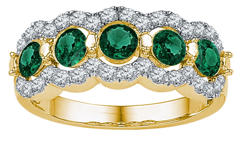 Size 7 Solid 10k Yellow Gold Round Green Simulated Emerald And White Diamond Prong Set Curved Wedding Band OR Fashion... by AA Jewels