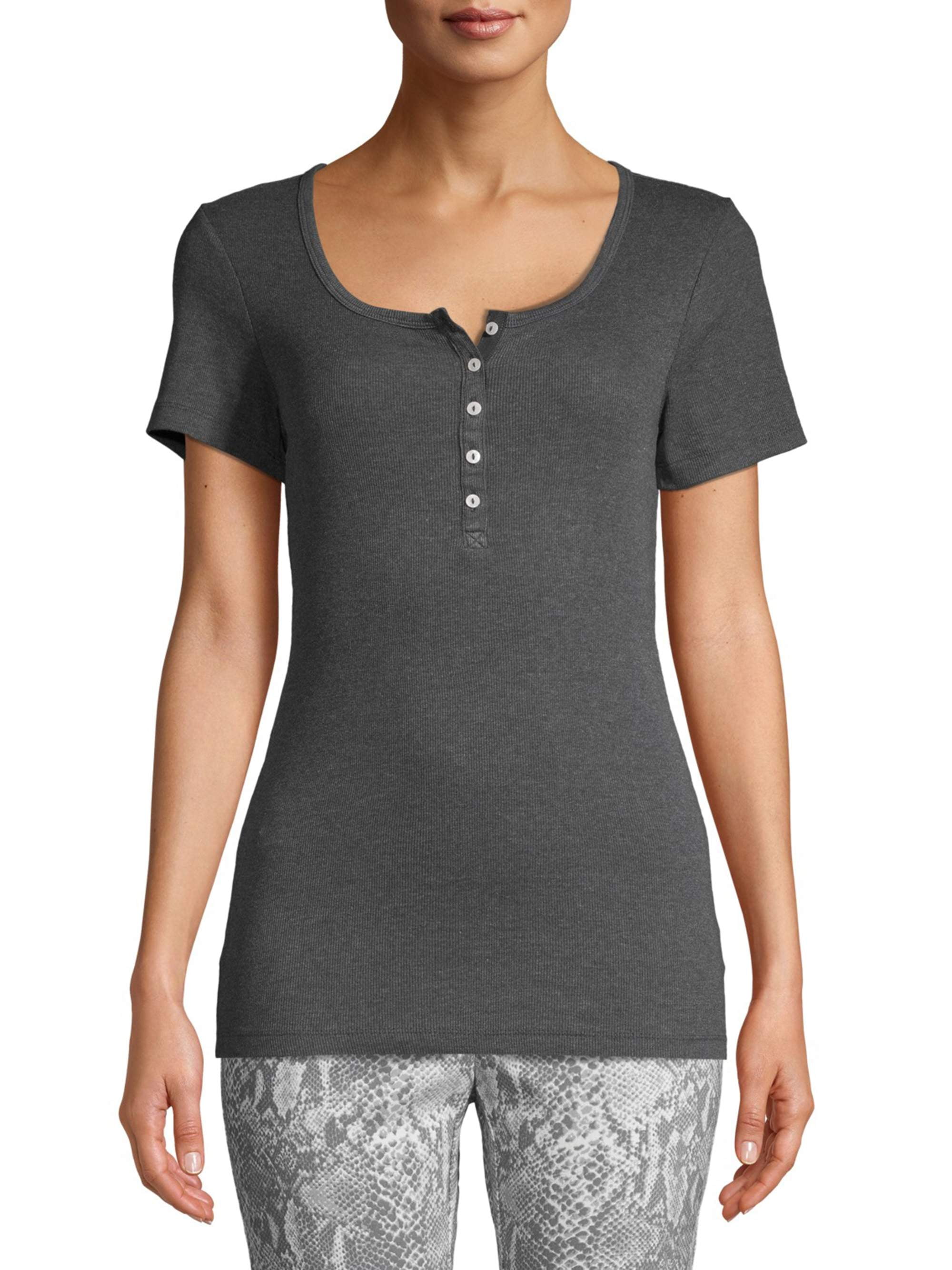Time and Tru Women's Ribbed Henley T-Shirt with Short Sleeves - Walmart.com