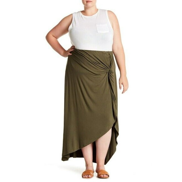 Bobeau Women's Ruched Pull On Hi Lo Maxi Skirt In Army Green Plus Size 3X