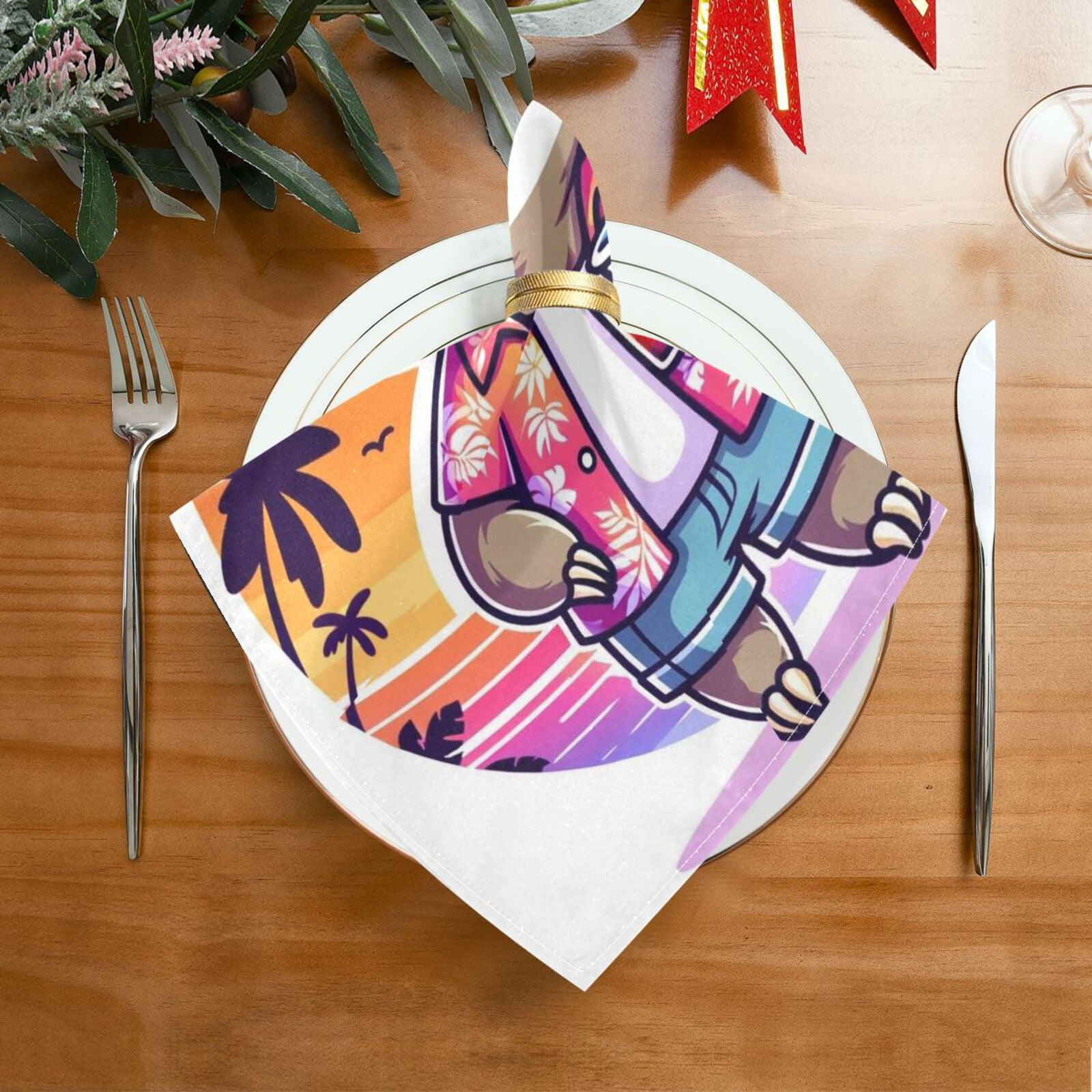 JSTEL Sloth Summer Beach Cloth Napkins Set of 6, 20x20 Inch Washable and Reusable Napkin for Decoupage Dinner Party Everyday Use