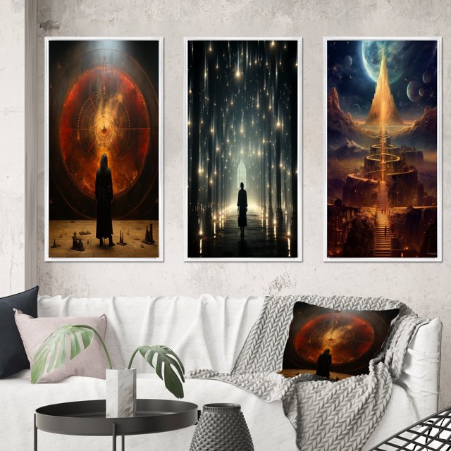 Designart "Revelation of Ancient Atlantis Mystery of Light IV" Abstract Landscape Framed Wall Art Set Of 3 - Red Abstract Landscapes Frame Canvas Set For Living Room Decor