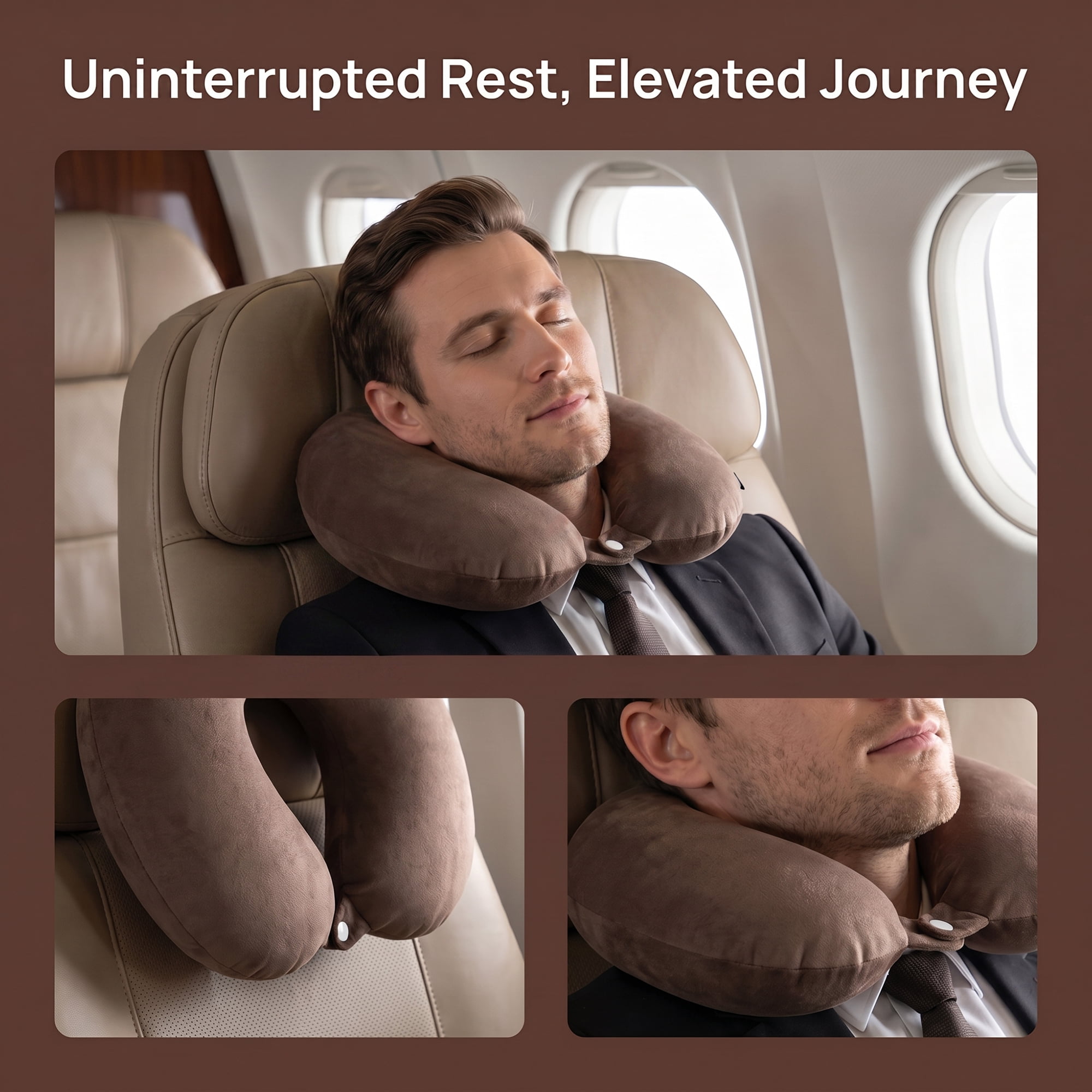 Unique Bargains Memory Foam Travel U Shape Neck Pillow Snap Closure Dark Khaki 12"x12"x4"