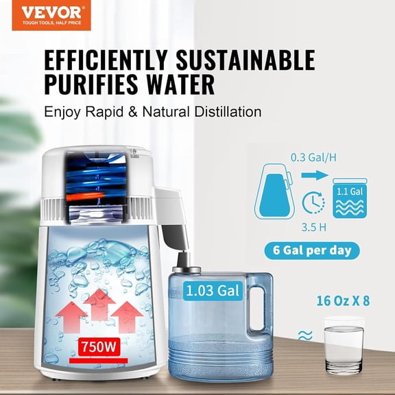 Water Distiller, 1.1 Gal Pure Water Machine w/ Container & Auto Shut-Off for Home Use