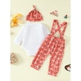 thumbnail image 4 of Baby Toddler Boys Christmas Outfits 0 6 12 18 24 Months Letter Embroidery Bow Crew Neck Long Sleeve Rompers Santa Print Suspender Pants Hat 3Pcs Clothes Set, 4 of 9