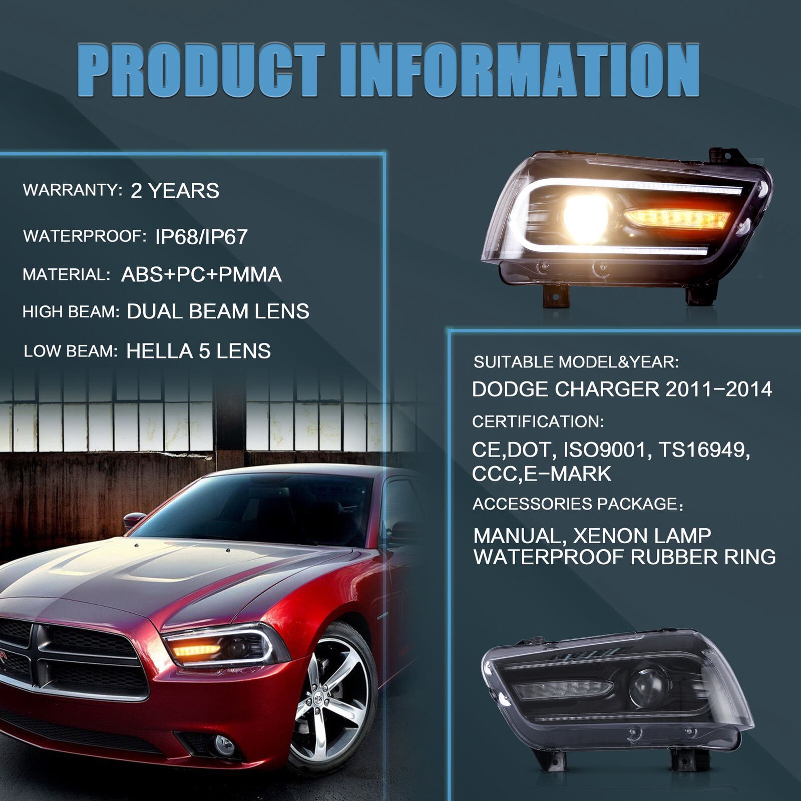 VLAND for Dodge Charger 2011 2012 2013 2014 Dual Beam Projector Headlights Replacement Assembly (Bulbs Included)