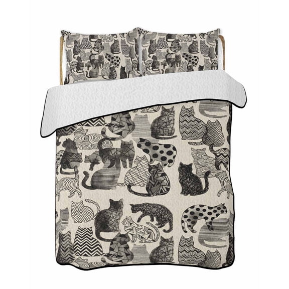 Twin Quilt Bedding Set, Cat Reversible Summer Quilt 3 Pieces, Vintage Geometric Abstract Polka Dot Lightweight Bedspreads Coverlets with 2 Pillow Shams for All Seasons